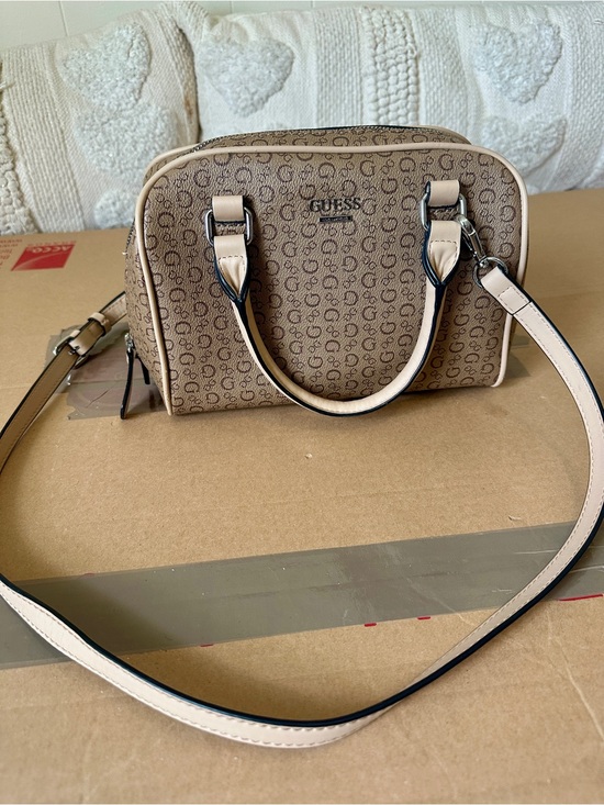 Guess Handbags - The GUESS Logo Print Small Satchel Top Handle Bag in beige and brown
